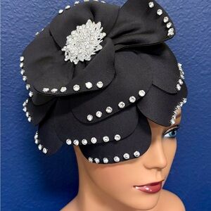 Elegant Black Floral Hat with Rhinestone Accents